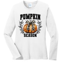 Retro Halloween Coquette Bow Pumpkin Season Ladies Long Sleeve Shirt