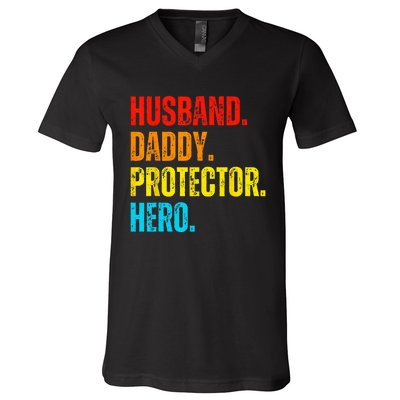 Retro husband daddy protector hero fathers day for dad V-Neck T-Shirt