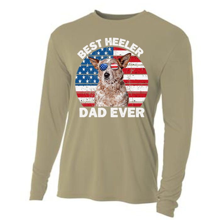 Red Heeler Dad American Flag Australian Cattle Dog Patriotic Cooling Performance Long Sleeve Crew