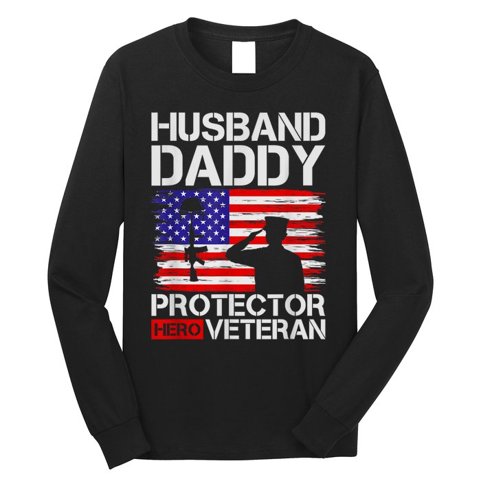 Retro Husband Daddy Protector Hero Veteran Happy Fathers Day Long Sleeve Shirt