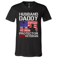 Retro Husband Daddy Protector Hero Veteran Happy Fathers Day V-Neck T-Shirt