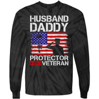 Retro Husband Daddy Protector Hero Veteran Happy Fathers Day Tie-Dye Long Sleeve Shirt