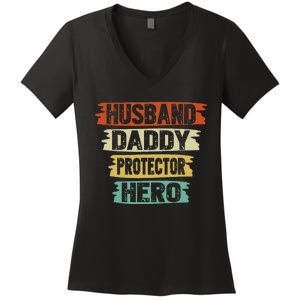 retro husband daddy protector hero fathers day for dad Women's V-Neck T-Shirt