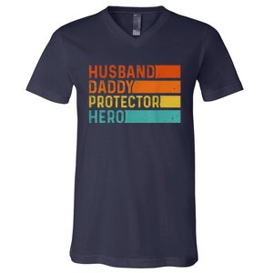 Retro Husband Daddy Protector Hero Fathers Day For Dad V-Neck T-Shirt