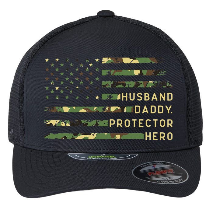 Retro Husband Daddy Protector Hero Fathers Day For Dad Flexfit Unipanel Trucker Cap