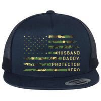 Retro Husband Daddy Protector Hero Fathers Day For Dad Flat Bill Trucker Hat