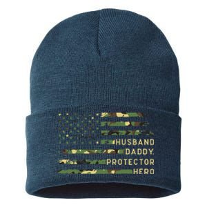 Retro Husband Daddy Protector Hero Fathers Day For Dad Sustainable Knit Beanie