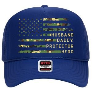 Retro Husband Daddy Protector Hero Fathers Day For Dad High Crown Mesh Back Trucker Hat