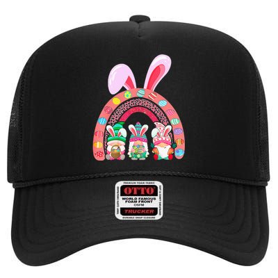 Rainbow Happy Easter Day Cute Gnome Easter Bunny High Crown Mesh Back Trucker Hat