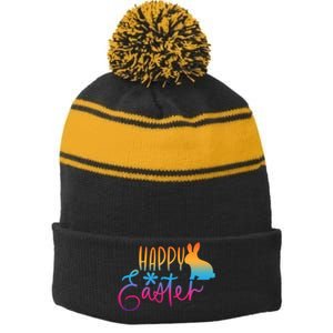 Rainbow Happy Easter Bunny Stripe Pom Pom Beanie