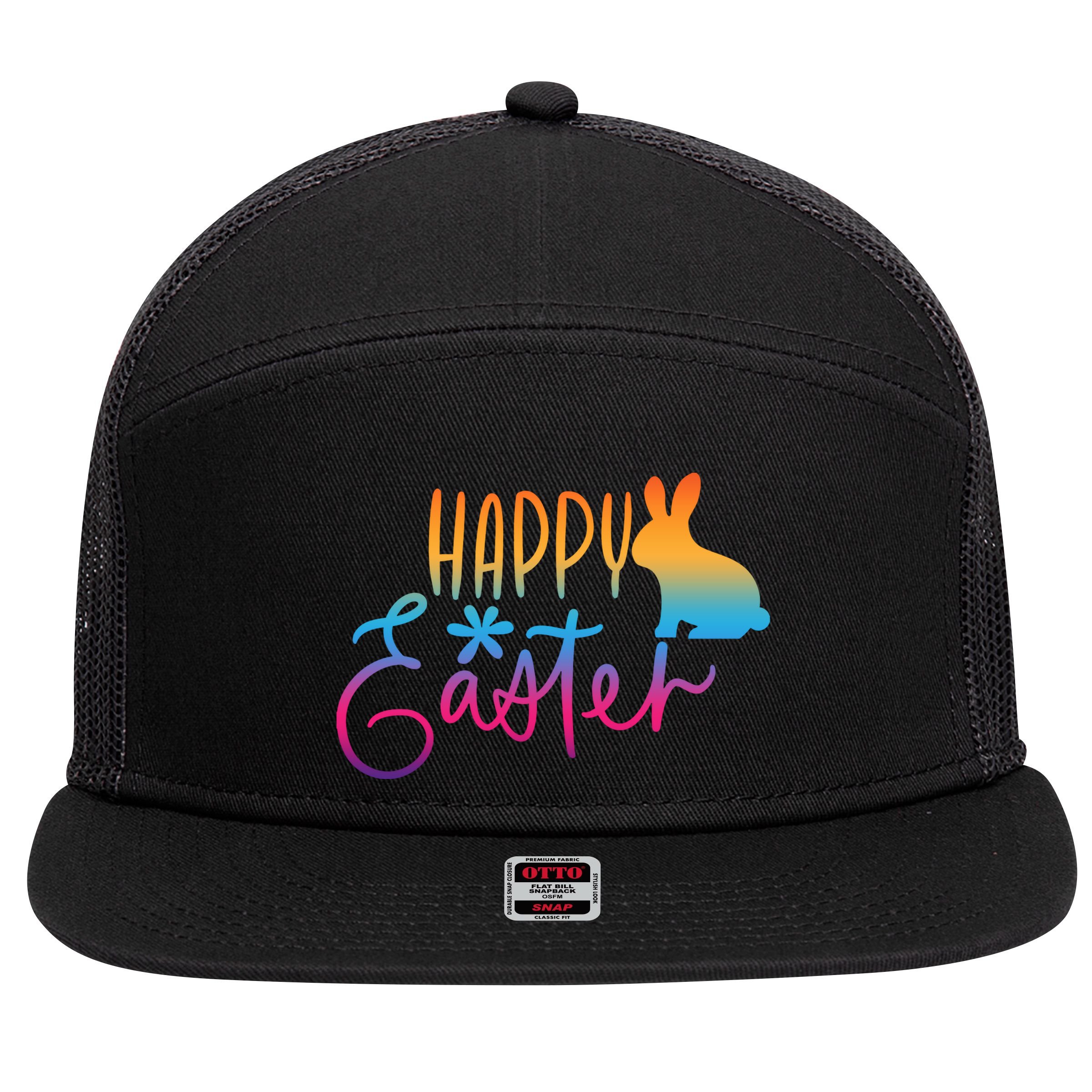Rainbow Happy Easter Bunny 7 Panel Mesh Trucker Snapback Hat
