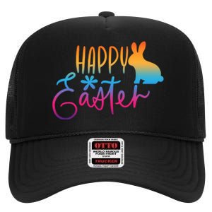 Rainbow Happy Easter Bunny High Crown Mesh Back Trucker Hat