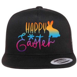 Rainbow Happy Easter Bunny Flat Bill Trucker Hat