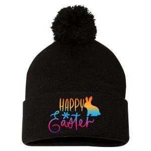 Rainbow Happy Easter Bunny Pom Pom 12in Knit Beanie