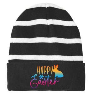 Rainbow Happy Easter Bunny Striped Beanie with Solid Band