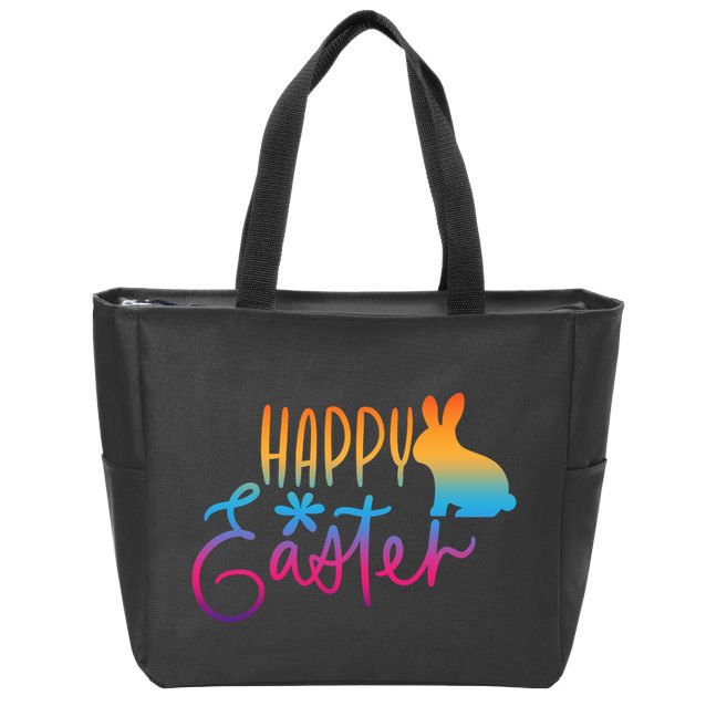 Rainbow Happy Easter Bunny Zip Tote Bag