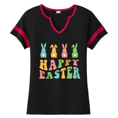 Retro Happy Easter Cute Bunny Rabbits Funny Easter Day Cute Gift Ladies Halftime Notch Neck Tee