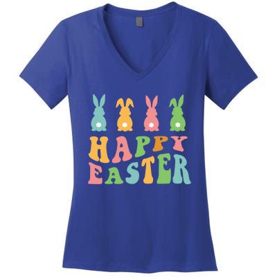 Retro Happy Easter Cute Bunny Rabbits Funny Easter Day Cute Gift Women's V-Neck T-Shirt