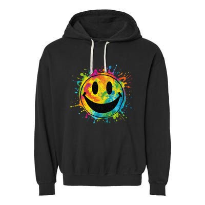 Retro Happy Face Rainbow Tiedye Splatter – 70s Peace Smile Garment-Dyed Fleece Hoodie