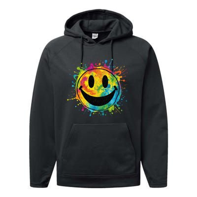 Retro Happy Face Rainbow Tiedye Splatter – 70s Peace Smile Performance Fleece Hoodie