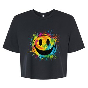 Retro Happy Face Rainbow Tiedye Splatter – 70s Peace Smile Bella+Canvas Jersey Crop Tee