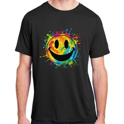 Retro Happy Face Rainbow Tiedye Splatter – 70s Peace Smile Adult ChromaSoft Performance T-Shirt