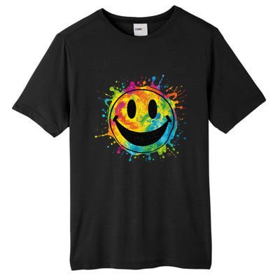 Retro Happy Face Rainbow Tiedye Splatter – 70s Peace Smile Tall Fusion ChromaSoft Performance T-Shirt