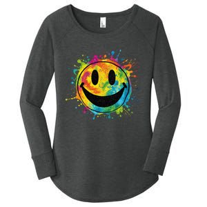 Retro Happy Face Rainbow Tiedye Splatter – 70s Peace Smile Women's Perfect Tri Tunic Long Sleeve Shirt