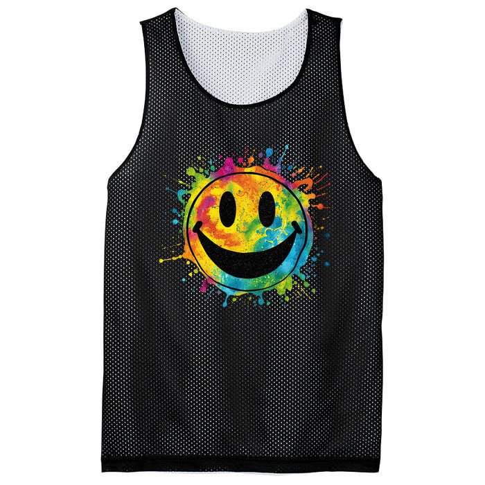 Retro Happy Face Rainbow Tiedye Splatter – 70s Peace Smile Mesh Reversible Basketball Jersey Tank