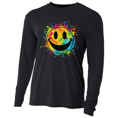 Retro Happy Face Rainbow Tiedye Splatter – 70s Peace Smile Cooling Performance Long Sleeve Crew