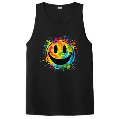 Retro Happy Face Rainbow Tiedye Splatter – 70s Peace Smile PosiCharge Competitor Tank