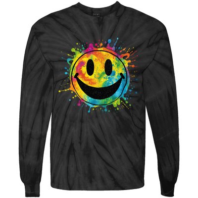 Retro Happy Face Rainbow Tiedye Splatter – 70s Peace Smile Tie-Dye Long Sleeve Shirt