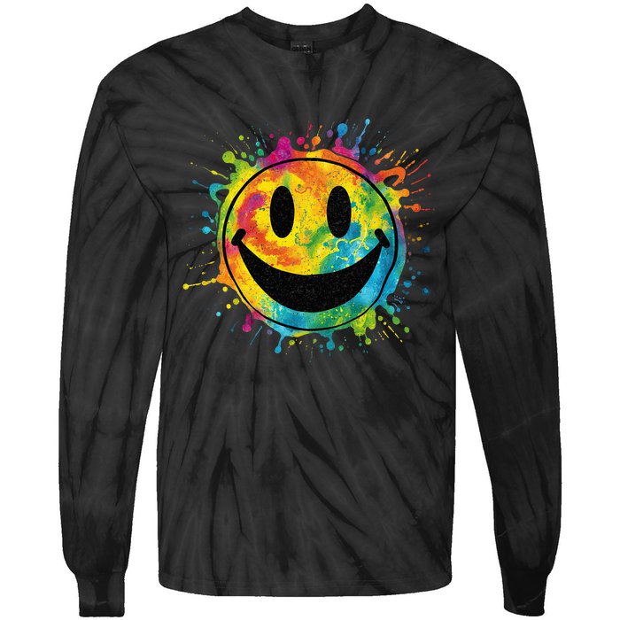 Retro Happy Face Rainbow Tiedye Splatter – 70s Peace Smile Tie-Dye Long Sleeve Shirt