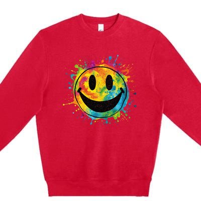 Retro Happy Face Rainbow Tiedye Splatter – 70s Peace Smile Premium Crewneck Sweatshirt