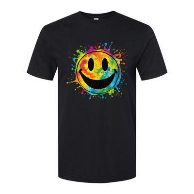 Retro Happy Face Rainbow Tiedye Splatter – 70s Peace Smile Softstyle CVC T-Shirt