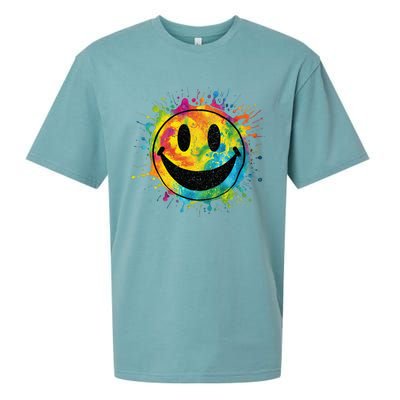 Retro Happy Face Rainbow Tiedye Splatter – 70s Peace Smile Sueded Cloud Jersey T-Shirt