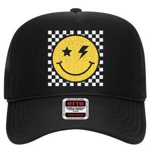 Retro Happy Face Checkered Pattern Smile Face Trendy Smiling High Crown Mesh Back Trucker Hat