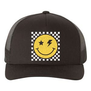 Retro Happy Face Checkered Pattern Smile Face Trendy Smiling Yupoong Adult 5-Panel Trucker Hat