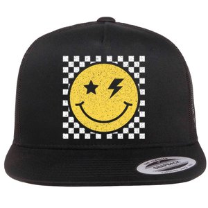 Retro Happy Face Checkered Pattern Smile Face Trendy Smiling Flat Bill Trucker Hat