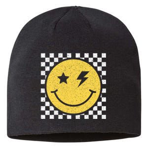 Retro Happy Face Checkered Pattern Smile Face Trendy Smiling Sustainable Beanie