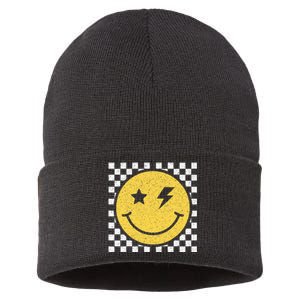 Retro Happy Face Checkered Pattern Smile Face Trendy Smiling Sustainable Knit Beanie