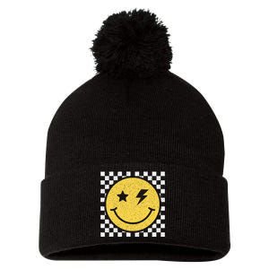 Retro Happy Face Checkered Pattern Smile Face Trendy Smiling Pom Pom 12in Knit Beanie