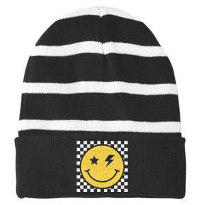 Retro Happy Face Checkered Pattern Smile Face Trendy Smiling Striped Beanie with Solid Band