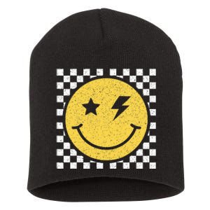 Retro Happy Face Checkered Pattern Smile Face Trendy Smiling Short Acrylic Beanie