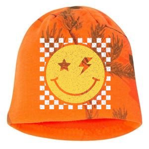 Retro Happy Face Checkered Pattern Smile Face Trendy Smiling Kati - Camo Knit Beanie