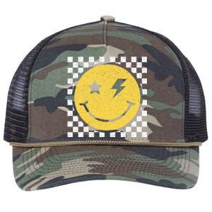 Retro Happy Face Checkered Pattern Smile Face Trendy Smiling Retro Rope Trucker Hat Cap