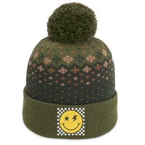 Retro Happy Face Checkered Pattern Smile Face Trendy Smiling The Baniff Cuffed Pom Beanie