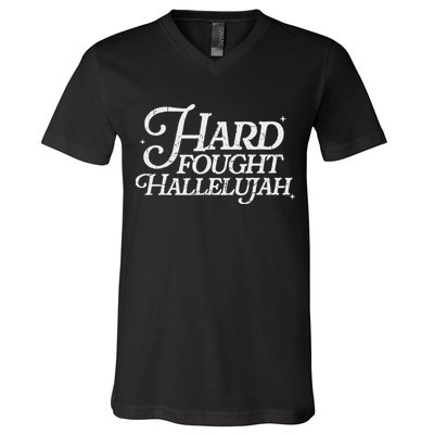 Retro Hard Fought Hallelujah Bible Verse Christian Jesus V-Neck T-Shirt
