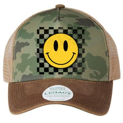 Retro Happy Face 70s Distressed Checkered Pattern Smile Face Legacy Tie Dye Trucker Hat