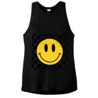 Retro Happy Face 70s Distressed Checkered Pattern Smile Face Ladies PosiCharge Tri-Blend Wicking Tank